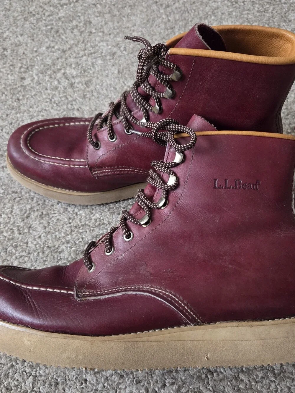 Vtg LL Bean Mens Burgundy Leather Moc Toe Boots Lace Up -Italy Sz 11